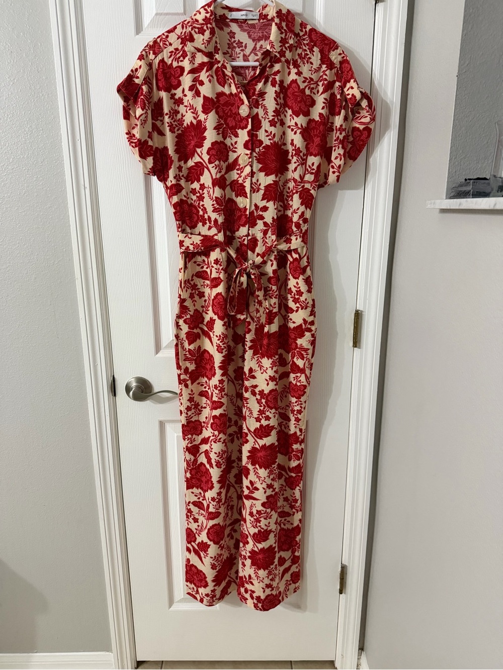 Mango Red Floral Tie-Waist Maxi Dress
